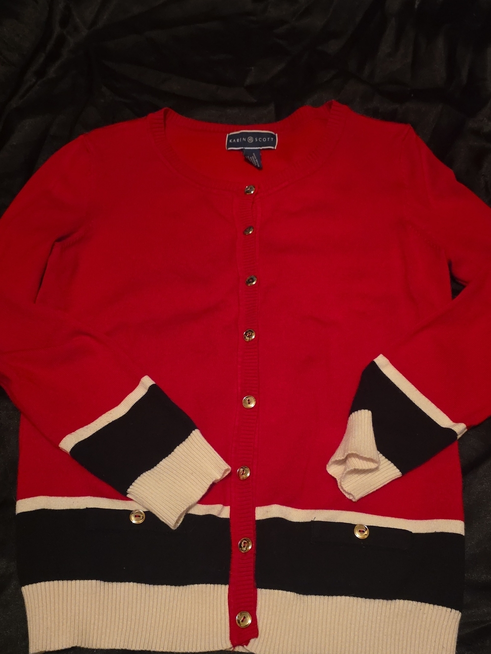 Karen Scott Red Cardigan with Black and Cream Stripe Trim